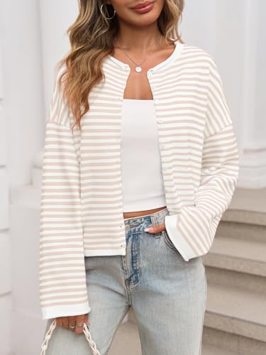 Image of Saodimallsu Womens Striped Cardigan Casual Long Sleeve Open Front Button Down Loose Knit Lightweight Fall Sweaters
