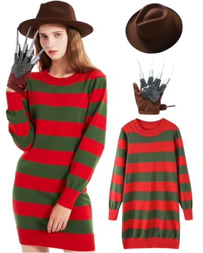 eforpretty Halloween Costume for Women 2025 Knitted Sweater Dress with Brown Hat and Leather Glove Set,L