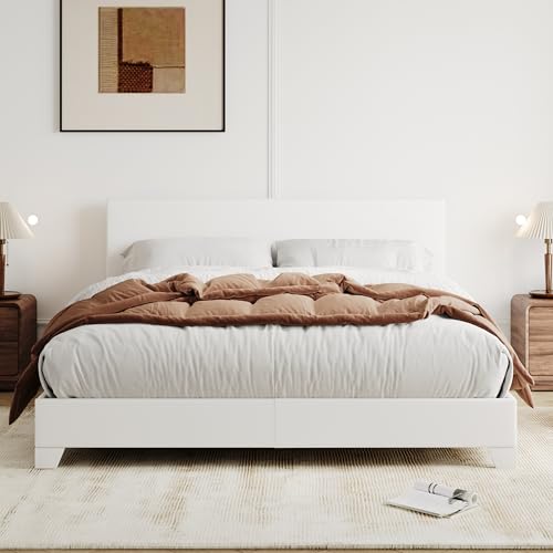 Allewie Full Size Bed Frame with Adjustable Headboard, Faux Leather Platform Bed with Wood Slats, Heavy Duty Mattress Foundation, No Box Spring Needed, Noise-Free, Easy Assembly, White