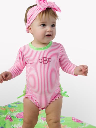 Image of RuffleButts Baby-Girls Seersucker Long Sleeve Rash Guard - One Piece Swimsuit UPF 50+ Toddler