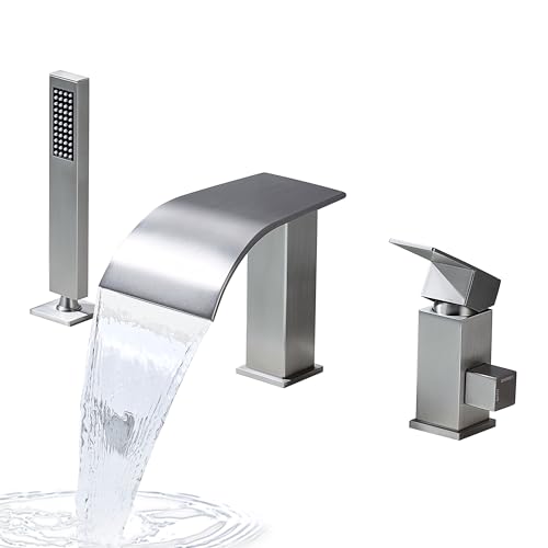 Grifo para tina Waterfall con ducha de mano, grifo de tina romana de alto flujo con montaje en cubierta de 3 agujeros, acabado níquel cepillado miniatura 1