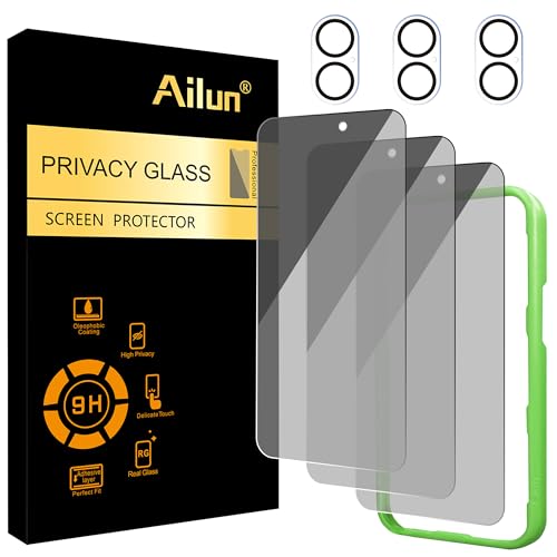 Ailun 3 Pack Privacy Screen Protector for iPhone 17 [6.3 inch]+ 3 Pack Camera Lens Protector with Installation Frame Dynamic Island Compatible Anti Spy Tempered Glass[9H Hardness]-HD