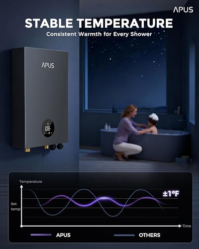 27kW Tankless Water Heater Electric, APUS 240V On Demand Instant Hot Water with Memory Function & LED Display, Energy-Saving Whole Home Water Heating System, Up to 6.5 GPM and Space Saving Design