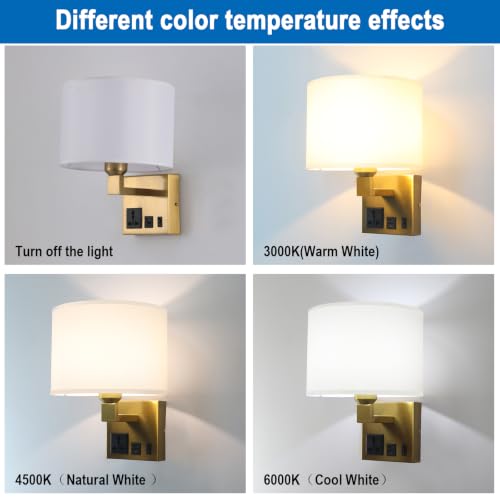 Image of Plug in Wall Light, Wall Lamp with Brass Base Cylindrical Shape | Wall Light for Living Room Bedroom Hotel, Bedside Lamp Bulb Included, Wall Mounted Lamp with AC Outlet & USBA+C Charging Port
