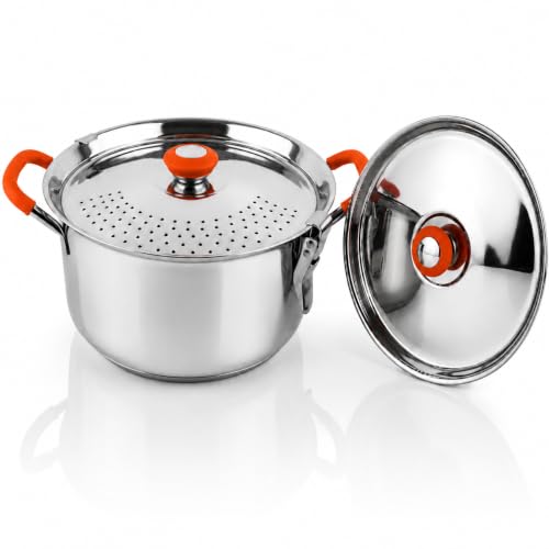 Image of MYNAKSHA Stainless Steel Strainer Pot with Double Lid, 0.8 CM Heavy Base Rice Cooker with Locking Handles, Induction & Gas Compatible, Drain Easily, Ideal for Pasta, Noodles & Vegetables - 4 L