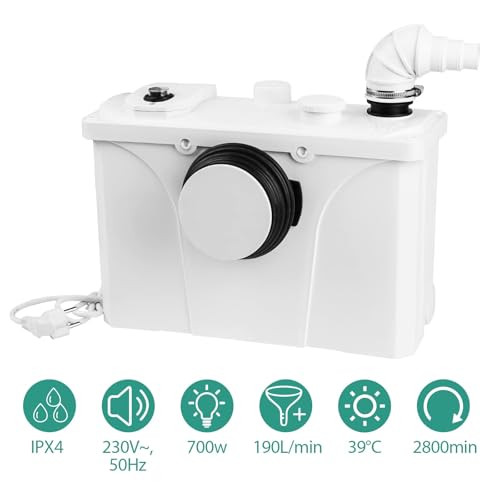 Sonnewelt Hebeanlage Fäkalienpumpe, 190L/min Kleinhebeanlage 700W, 4 in 1 Schmutzwasserpumpen, Sehr Leise Abwasserpumpe, Für WC, Dusche und Waschbecken