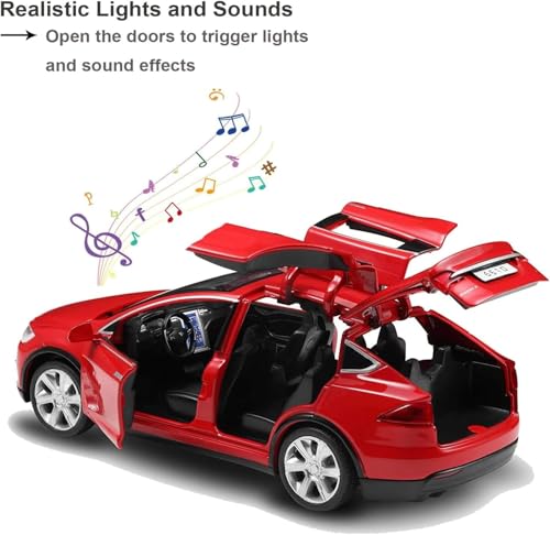 Image of 1:32 Tesla Model X Toy Car with Pull-Back Action Lights, Sound and openable Doors.Durable diecast Model for Kids Aged 3-12 offering Hours of Fun and Realistic Play (Red)