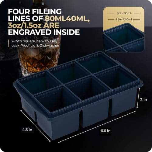 Image of Large Ice Cube Trays for Whiskey, Silicone Ice Cube Tray, with Reinforced Steel Ring Top, Makes 12 perfect 2-in ice cubes, Square Ice Tray for Cocktails, Whiskey, Coffee. (2 Pack)