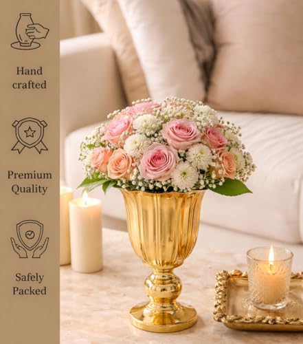 Image of Gold Metal Flower Vase for Table Decor Set of 2 | Tulip Fluted Urn Design | Electroplated Alloy Decorative Vase for Living Room, Home Decor (Champagne Gold Finish)