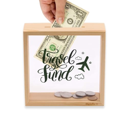 Emapoy Piggy Banks for Adults, Decorative Shadow Box Wooden Frame, Coin Bank Money Bank, Natural Wood Money Box, Printed On The Plexiglass Front (Travel)