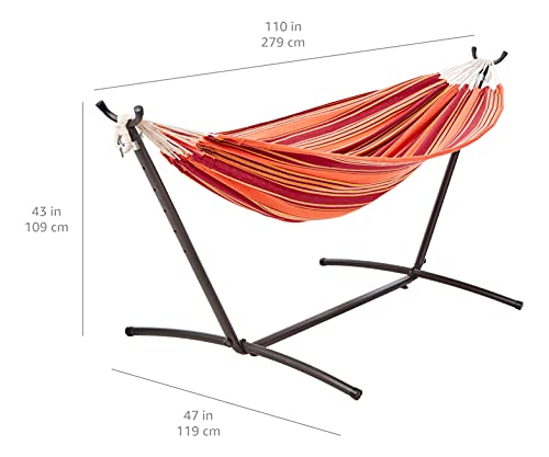 Image of Amazon Basics Double Hammock with 9-Foot Space Saving Steel Stand and Carrying Case, 2 Person, 450 lb Capacity, Sunset Orange Stripe, 110 inch x 47 inch x 43 inch, Outdoor