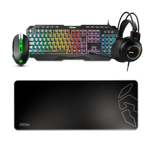 KROM KARRIER Pack Gaming 4 en 1 – Teclado de Membrana Retroiluminado RGB Layout Español, Ratón 3600 DPI, Auriculares con Sonido Envolvente 50 mm, Alfombrilla XXL Antideslizante – Negro