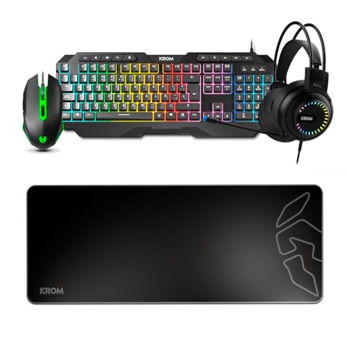 KROM Pack Gaming KARRIER - LED RGB Rainbow, tastiera a membrana, mouse ottico 3600 dpi, cuffie stereo da 50 mm,...
