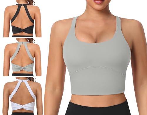 Photo 1 of Padded Sports Bras for Women - Strappy Spaghetti Strap Workout Criss Cross Tank Tops Sets (3 Pack) B: Black / White / Gray L