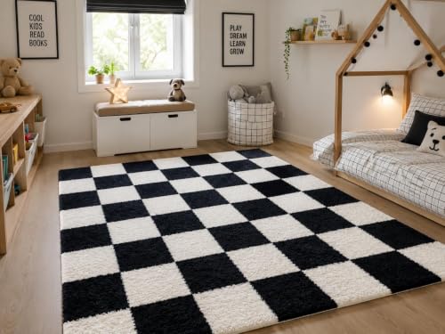 Image of Features 3x5 Feet Modern, Thick, Anti-Skid Shaggy Carpet with a 2-inch Pile, Perfect for Living Rooms, bedrooms, and Kids' Rooms.(3x5 feet, Black & White Chess)