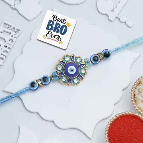 Image of eCraftIndia Flower Evil Eye Rakhi for Brother Bhaiya Bhai with Best Bro Ever Fridge Magnet | Roli Chawal Pack