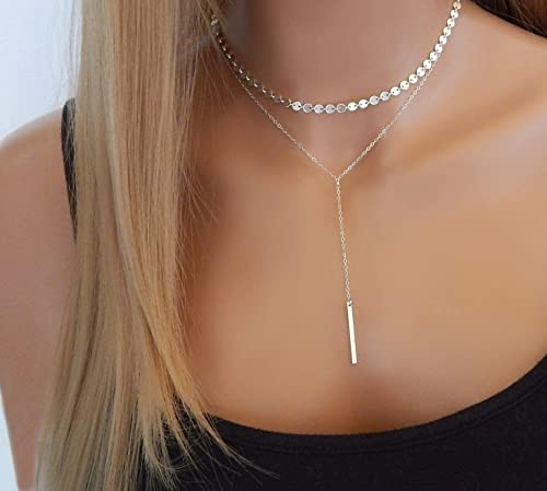 Jovono Boho Layered Choker Necklaces Silver Bar Pendant Necklace Chain Layered Necklace Chain Jewelry For Women And Girls (Set B) #TOP4