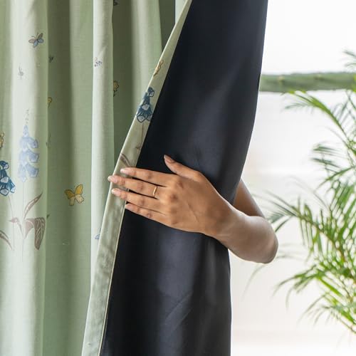 Image of Tranquebar Curtain Co. 100% Blackout Curtains, Complete Darkening Lining (Polyester), Green Butterfly & Floral Print, Cotton Blackout Curtains 5 Feet for Window, BackTabs, Titli (152 cm) - Set of 2