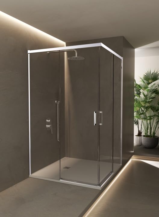Mice - Mampara de Baño Entrada Vértice 2 Paneles Fijos y 2 Correderas-Cristal Templado 6mm-Corredera de Aluminio-Mampara de ducha con cierre Magnético (Niquel, 120 x195)