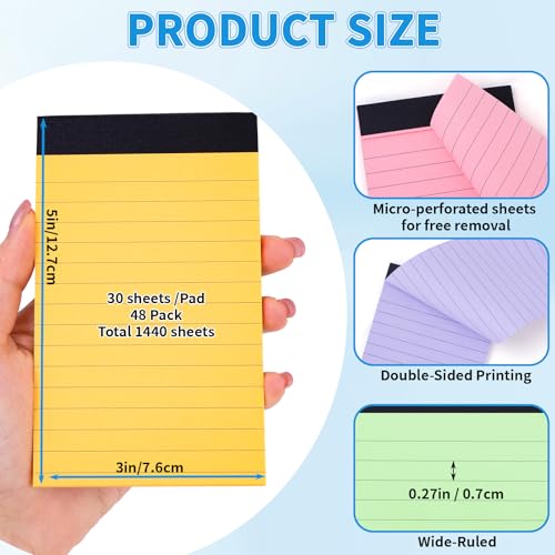 Image of Oleitodh 48 Pack 3 x 5 Inch Note Pads 12 Colors Mini Memo Pads | 80GSM Lined Writing Pads with 30 Sheets Each, Small Pocket Notepads for Office, School, Teachers, Lists and Daily Notes