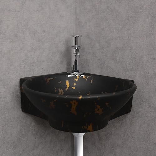 Image of REMOTION Wall Mounted Wash Basin for Bathroom | Wall Hung Corner Sink | Ceramic Round Wall Hung Wash Basin | Wall Hung Small Corner Basin (16.3 x 13.8 x 4.3 Inch) (Black Gold Spot)