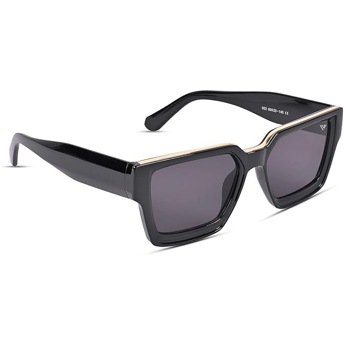 Square Sunglasses for Men & Women | UV Protected Stylish Black Frame with Gold Metal Accent | Luxury Unisex Fashion Sunglasses-image-41