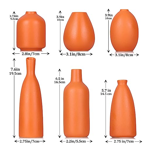Orange Ceramic Bud Vases Set of 6, Farmhouse Decor, Fireplace Decor, Mantle & Shelf Decor, Home Decoration for Living Room, Entrance, Bathroom, Kitchen & Office, Coffee Table Decor, Bud vases in Bulk