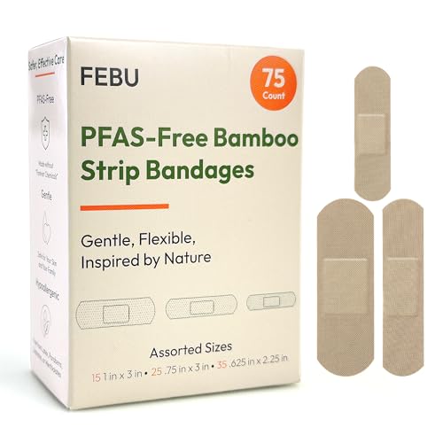 FEBU Eco-Friendly Bamboo Fabric Bandages | PFAS Free Flexible Fabric Bandages | Natural Hypoallergenic Bandage for Scrapes Cuts & First Aid | Fully Compostable Latex Free Bandage | 75 Count Strip