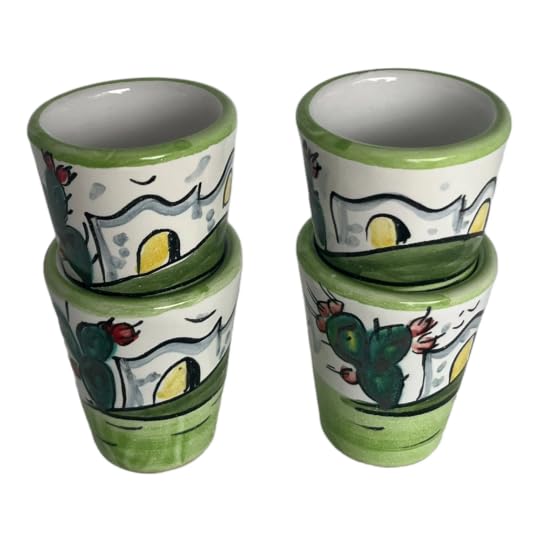 Hand-Painted Italian Ceramic Glasses – Set of 4, 1.2 oz Limoncello or Espresso Cups with House and Cactus Design, Made in Italy, Artisan Shot Glasses for Drinks and Desserts