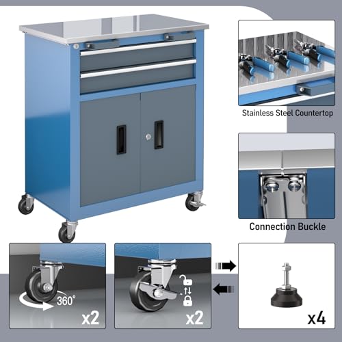 Image of LARBANKE 20 Drawer Rolling Tool Chest Combo,Tool Cabinet with Stainless Countertop, Modular Tool Chest with Locking Drawers and Connection Parts, 360 Swivel Braking Wheels & Padded Feet, Blue