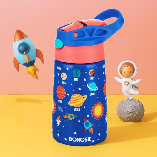 Image of Borosil 330 ml Space Design Kids Stainless Steel Bottle | ISI Certified Made in India | 8 Hrs Hot & Cold Double Wall Vacuum Insulated Flask | Push & Straw Lid | Powder Coated Finish | 1 Year Warranty
