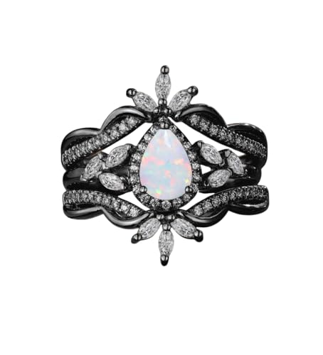 2 CT Pear Cut Created Fire Opal Wedding Bridal Set Ring with Band In 14K Black Gold Plated 925 Sterling Silver Gift for Womens