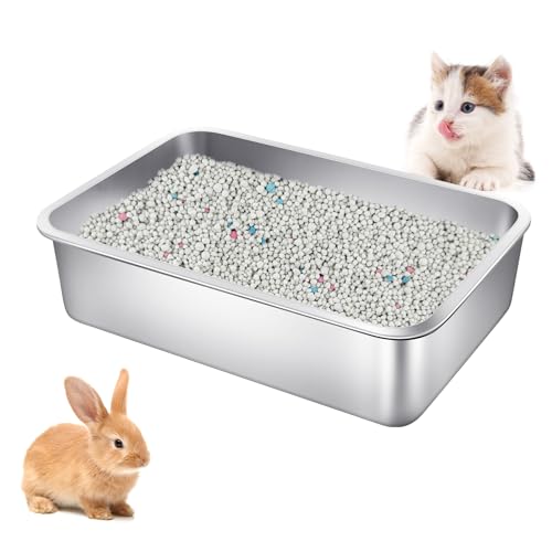 Stainless Steel Cat Litter Box Small 15.7 L x 11.8 W x 3.9 H Metal Litter Box Low Entry Kitty Cat Litter Pan Rustproof No Smell for Rabbits Newborn Cats Ferrets Guinea Pigs and Hamsters (S 1P)