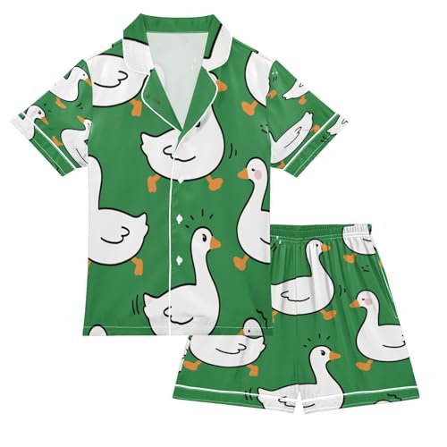 Satin Pajama Sets Short Sleeve Green Background with White Ducks Button Down Silky Nightwear 2 Piece PJS 5-14Y