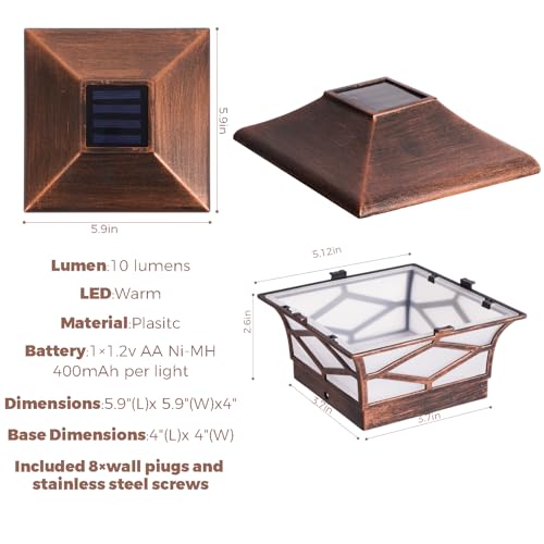 Solar Post Cap Lights Copper - Outdoor LED Solar Garden Lighting Deck Fence Cap Light 4 Pack Waterproof Warm White LED Solar Backyard Decoration Lights Suitable for 4x4 Wooden Posts (Brushed Copper)