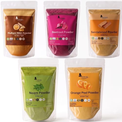 Image of Herbal Multani Mitti, Sandalwood, Beetroot, Orange Peel, Neem Powder by Kojagari (Combo of 5) | For Face pack | Reduce Acne, Darkspots, Pigmentation, D Tan | Bright and Glowing Skin |