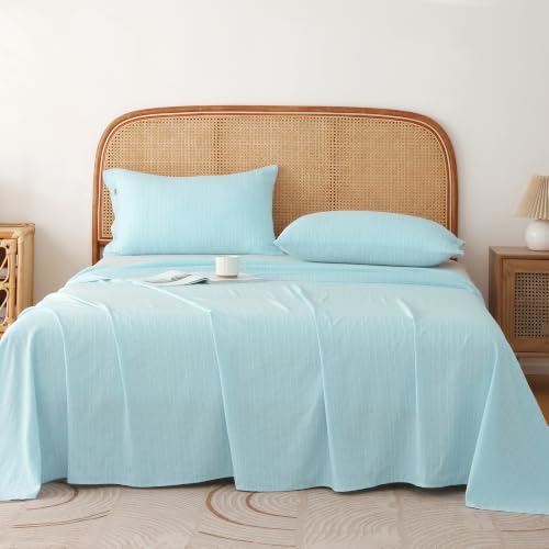 Image of Story@Home Linen King Size Bedsheet Cotton Textured Flat Sheet with 2 Pillow Covers Super Soft Bed Sheet for King Size Bed | 300 TC Striped Pattern | 250 x 270 cm | Sky Blue