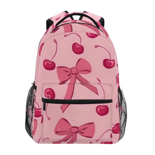 Sac à dos d'école rose Mnsruu avec nœud cerise et compartiment ordinateur pour fille et enfant