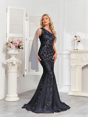 Image of One Shoulder Glitter Mermaid Dress for Mother of The Bride Women's Sexy Sequin Formal Gown