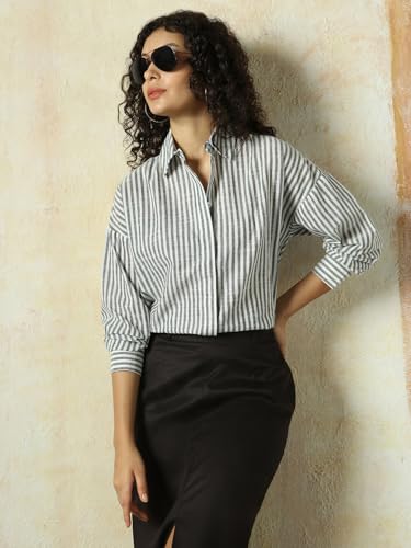 Image of HIGH Star Oversized Striped Cotton Shirt for Women | Stylish Tops for Women | Comfortable and Trendy Casual Shirt
