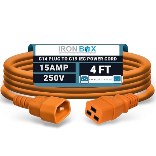 Image of IronBox Electric - Heavy-Duty C14 to C19 Power Cord, 15A, 250V, 14 /3 SJT - IEC60320 PC Cable for Computer Extensions, Monitor, PSU - C14 Male to C19 Female Connector Power Cable - (Orange 4 Foot)