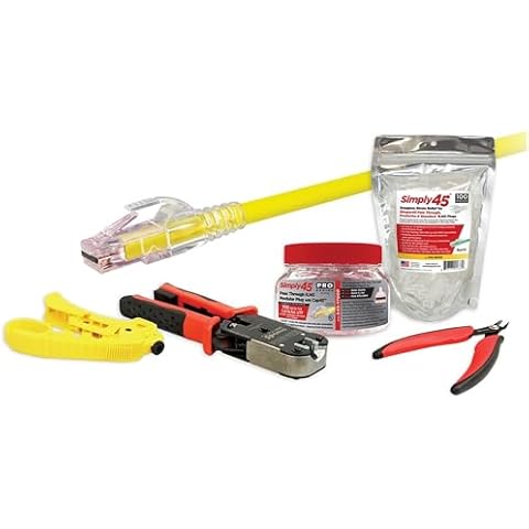 Simply45 ProSeries Cat6/6a UTP Starter Kit - Includes ProSeries Cat6/6a Unshielded Modular Plugs (100 Plugs), Flush Cutter Tool, Strain Reliefs (100-Pieces), Crimp Tool, Cable Stripper - S45-PSK6U Cover