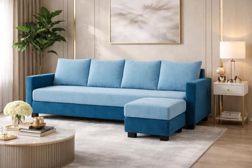 Image of SOCOZI Braven 5 Seater L Shape Sofa Set with Movable Ottoman | Flexible Layout | Soft Velvet Suede Fabric | Modern Design | Plush Comfort Cushions for Living Room (Sky Blue-Aqua Blue)
