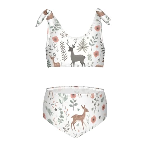 Girls' Bikini Set, Deers Floral Elements Branches Kids Swimsuit 2 Pcs Beach Bathing Suit
