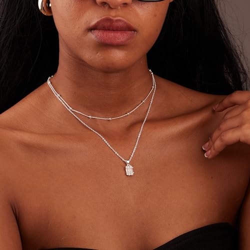 Silver Diamond Pendant Necklaces for Women, Layered Dainty 14K Gold Silver Plated Choker Chain Simple Necklace Stack Trendy Prom CZ Jewelry Set Gifts for Women4