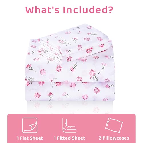 Image of Mooreeke Cozy Vintage Microfiber Printed Floral King Sheet Set - Soft & Breathable Pink Daisy Bed Sheets with Extra Deep Pocket - Non-Slip Fitted Design - Daisy Pattern - King