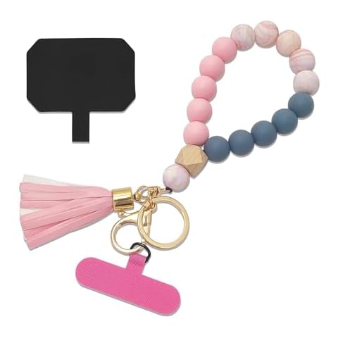 Nalefow Phone Lanyard Silicone Beaded Phone Wrist Strap Cute Elastic Cell Phone Wristlet Chain Bracelet with 2 Tether Tab (Colorful Pink) Cover