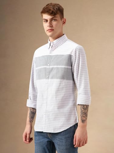 Image of Dennis Lingo Men Blue 100% Cotton Full Sleeve Button Down Collar Stripes Shirts
