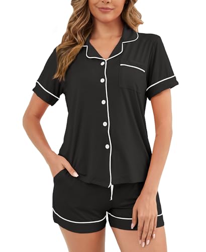 Image of Womens Pajamas Set Short Sleeve Sleepwear Button Down Pjs Shorts Set Soft Pjs Lounge Set With Pockets