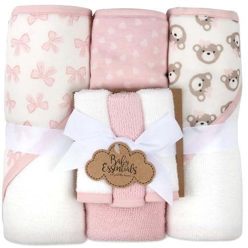 Image of Hooded Baby Bath Towel and Washcloth 6 Piece Set for Newborns, Infants & Toddlers, Boys & Girls Baby Hooded Towels Set (Pink Bows and Teddy Bears)